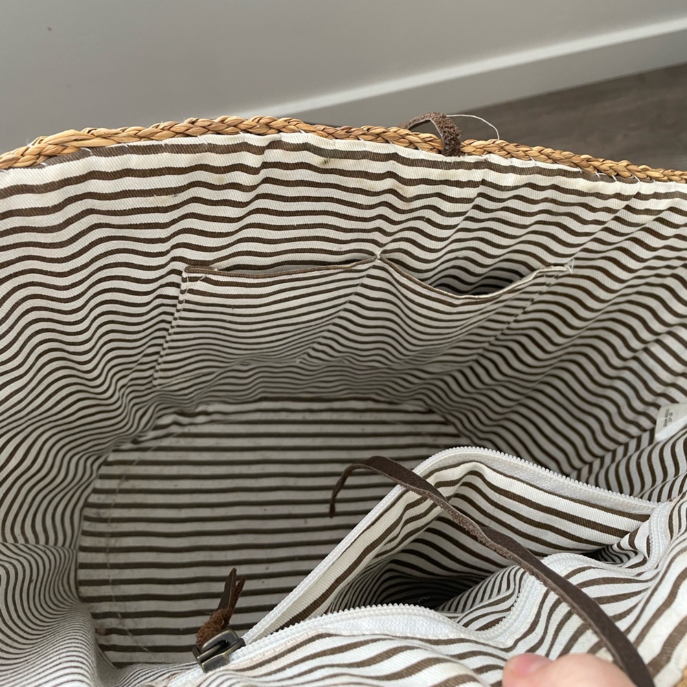 J. Crew Straw Top Handle Cotton Lined Leather Accent Tote Bucket Purse Bag - Picture 4 of 4